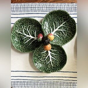 Vintage majolica cabbage leaf pottery handmade serving dish, unique gorgeous EUC
